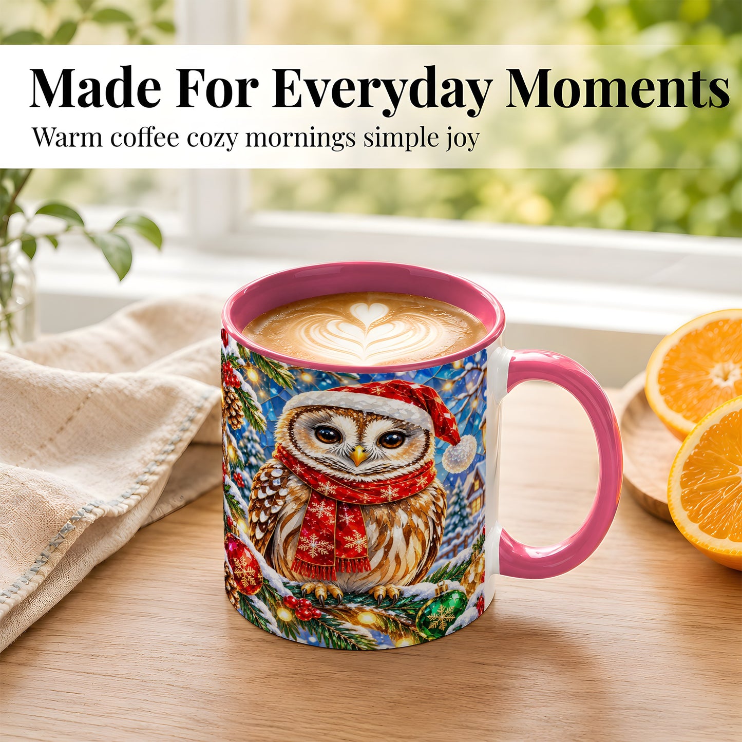 #pl[11oz|Pink] Jeweled Christmas Owl Coffee Mug, Winter Bird Mug, Ceramic Cup