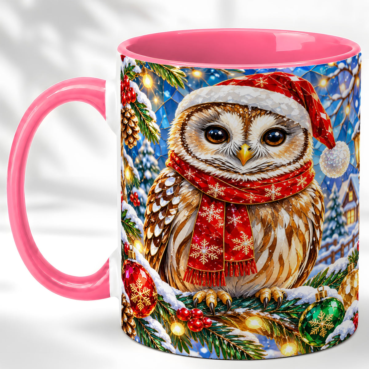 #pl[11oz|Pink] Jeweled Christmas Owl Coffee Mug, Winter Bird Mug, Ceramic Cup