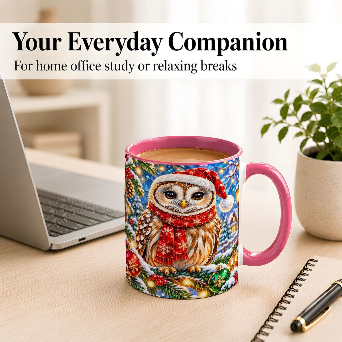#pl[11oz|Pink] Jeweled Christmas Owl Coffee Mug, Winter Bird Mug, Ceramic Cup