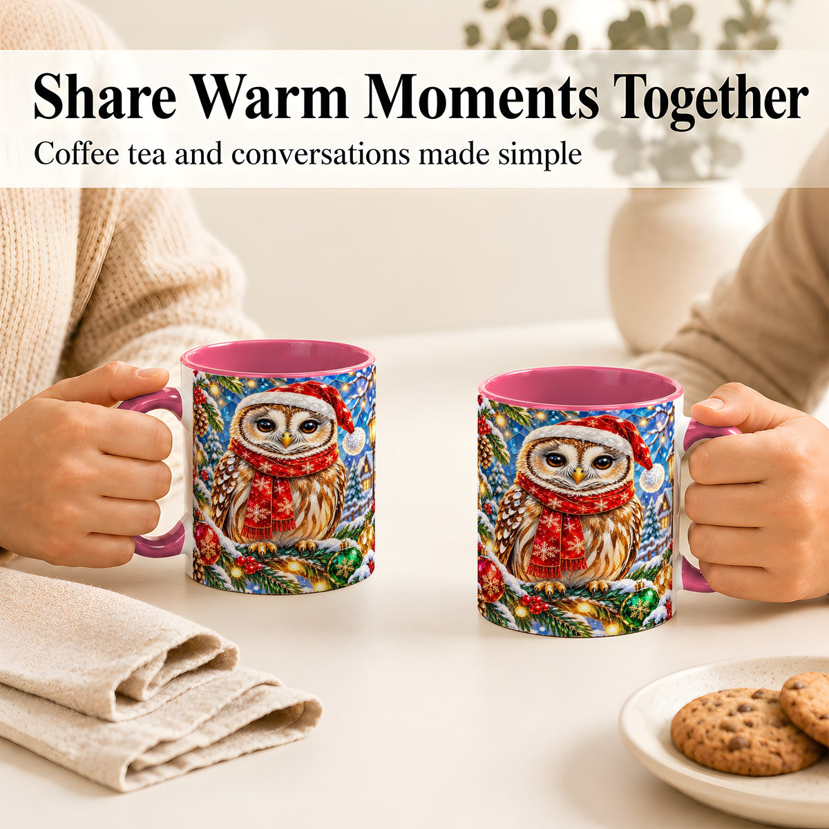 #pl[11oz|Pink] Jeweled Christmas Owl Coffee Mug, Winter Bird Mug, Ceramic Cup