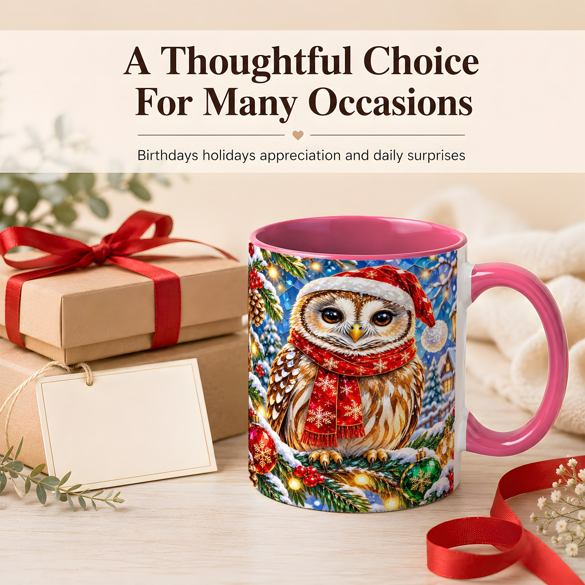 #pl[11oz|Pink] Jeweled Christmas Owl Coffee Mug, Winter Bird Mug, Ceramic Cup