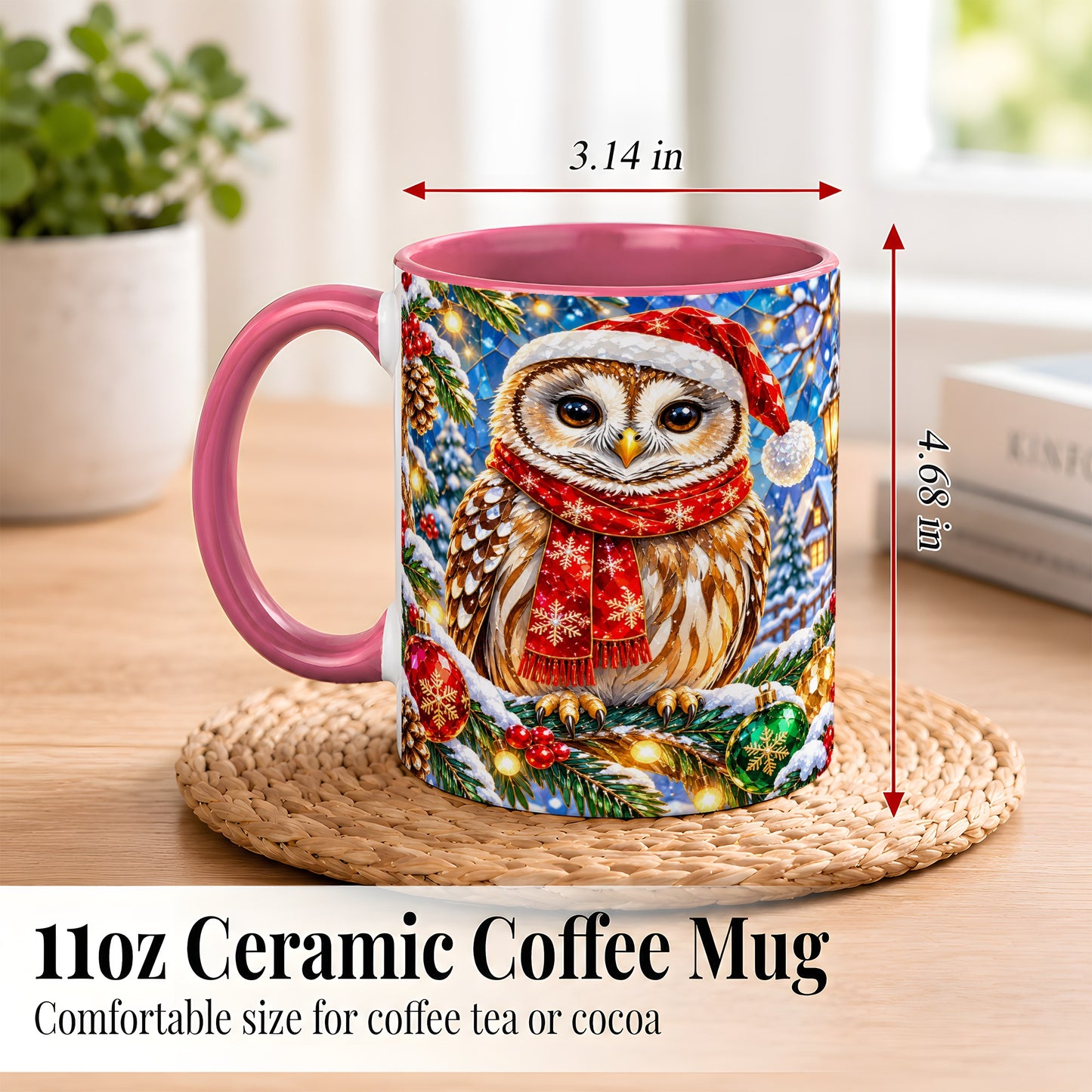#pl[11oz|Pink] Jeweled Christmas Owl Coffee Mug, Winter Bird Mug, Ceramic Cup