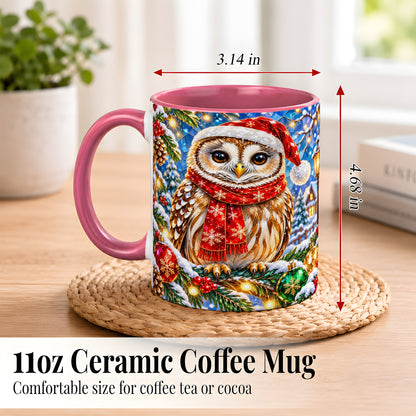 #pl[11oz|Pink] Jeweled Christmas Owl Coffee Mug, Winter Bird Mug, Ceramic Cup