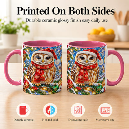 #pl[11oz|Pink] Jeweled Christmas Owl Coffee Mug, Winter Bird Mug, Ceramic Cup