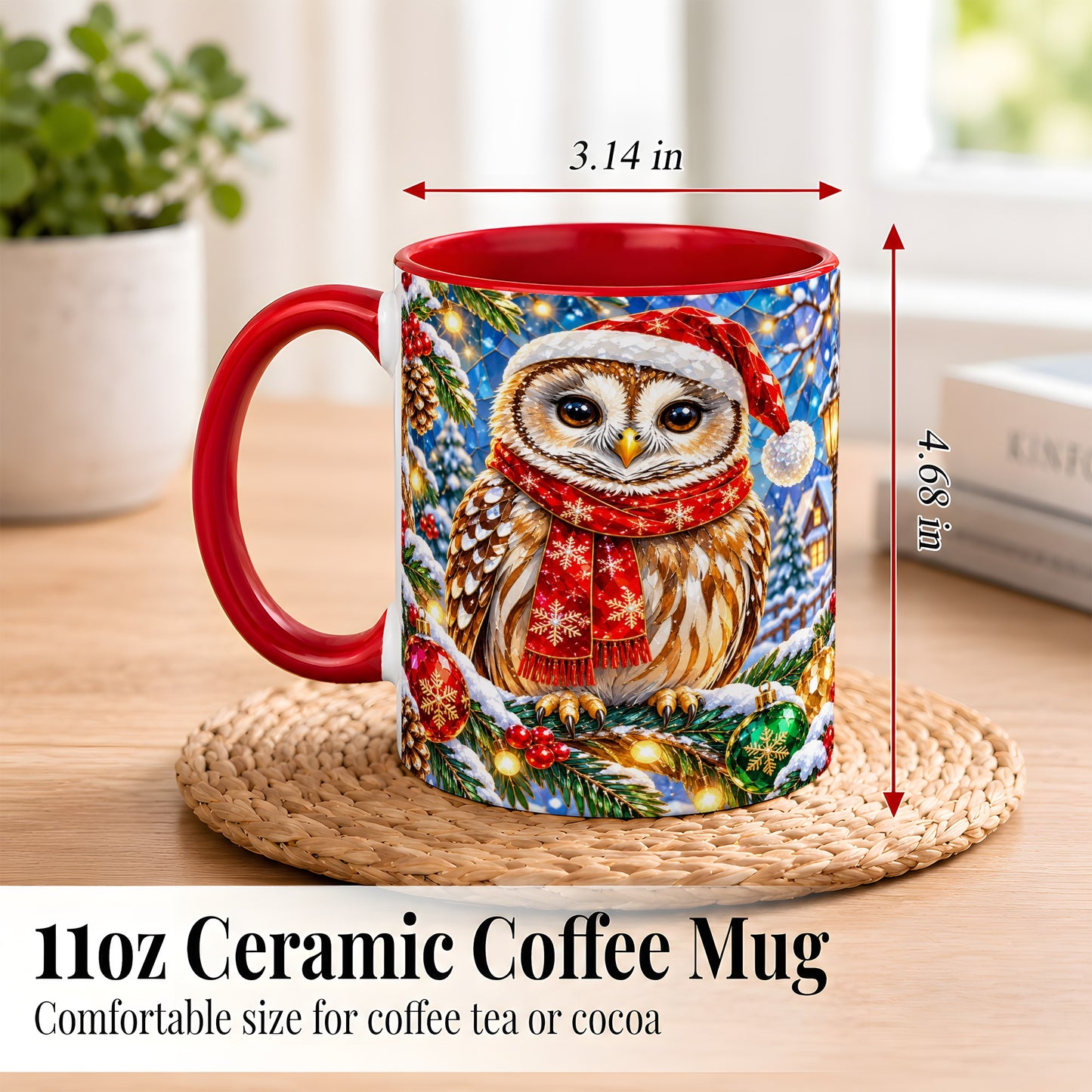 #pl[11oz|Red] Jeweled Christmas Owl Coffee Mug, Winter Bird Mug, Ceramic Cup
