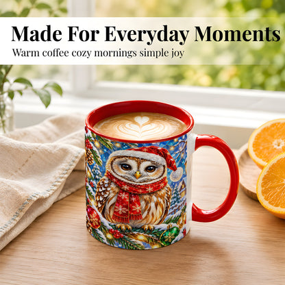 #pl[11oz|Red] Jeweled Christmas Owl Coffee Mug, Winter Bird Mug, Ceramic Cup