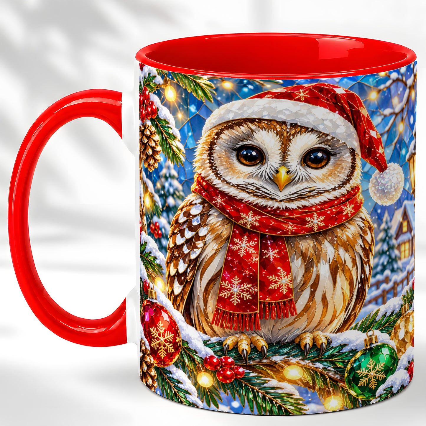 Jeweled Christmas Owl Coffee Mug, Winter Bird Mug, Ceramic Cup