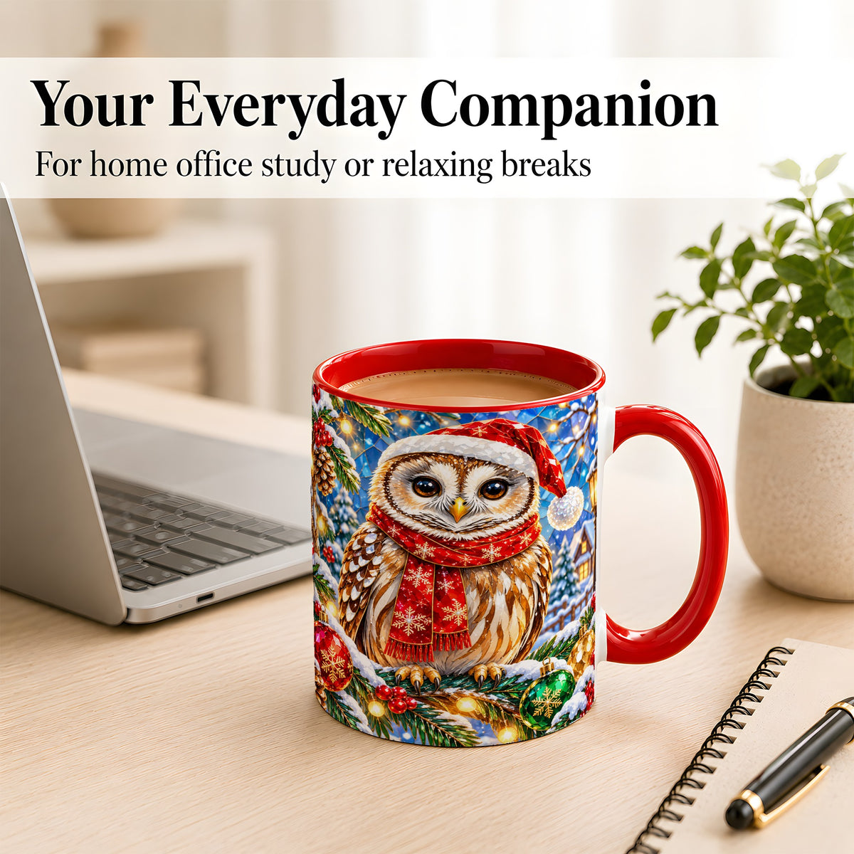 #pl[11oz|Red] Jeweled Christmas Owl Coffee Mug, Winter Bird Mug, Ceramic Cup