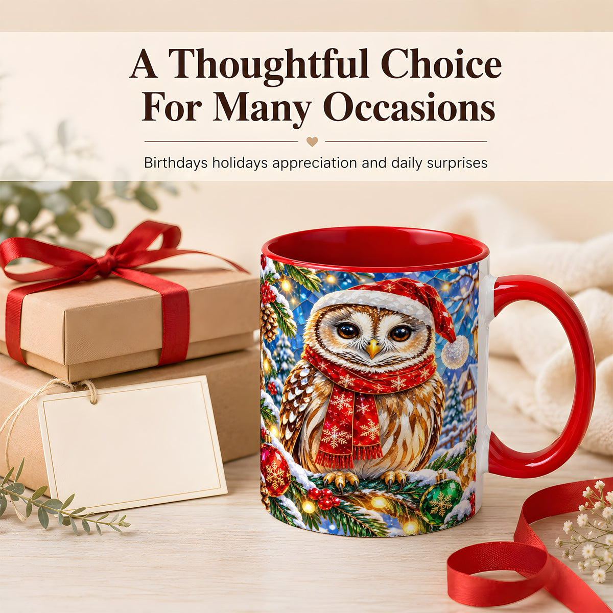 #pl[11oz|Red] Jeweled Christmas Owl Coffee Mug, Winter Bird Mug, Ceramic Cup