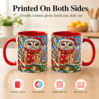 #pl[11oz|Red] Jeweled Christmas Owl Coffee Mug, Winter Bird Mug, Ceramic Cup
