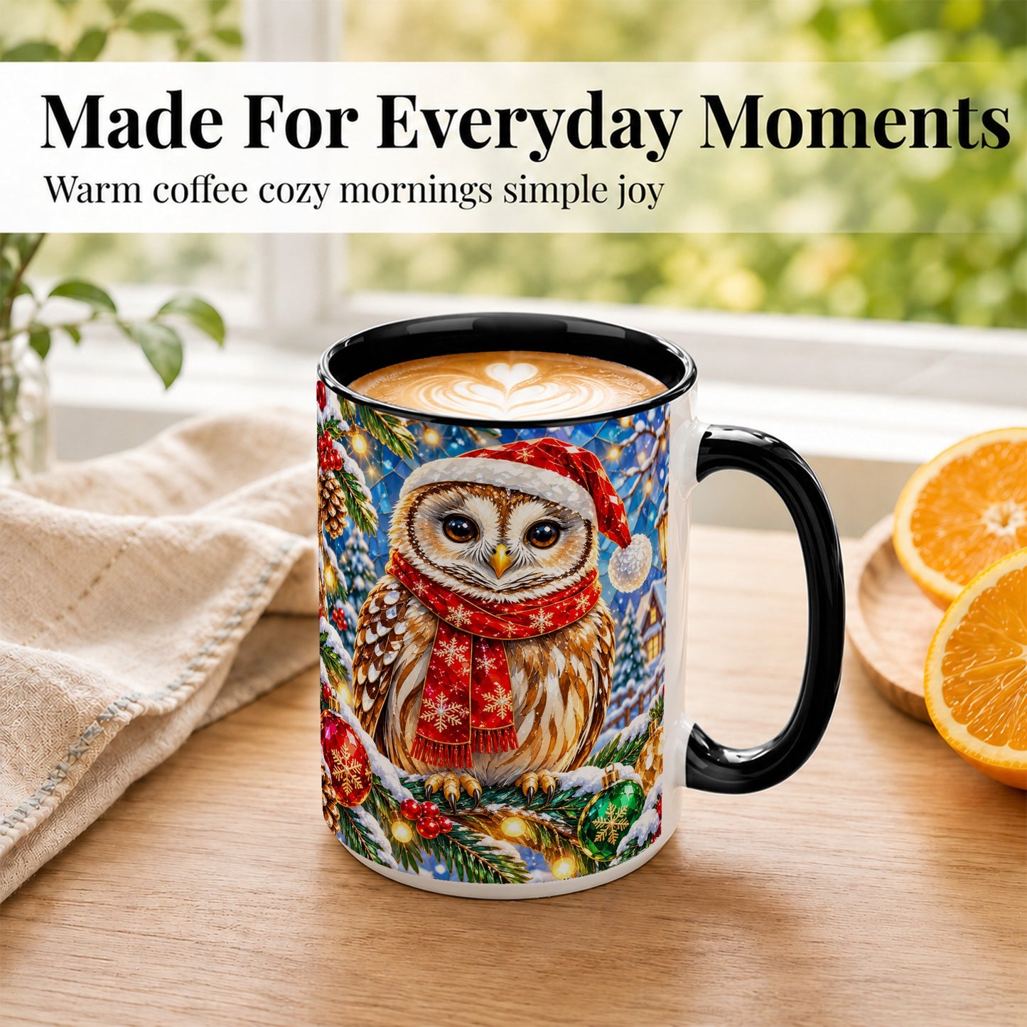 #pl[15oz|Black] Jeweled Christmas Owl Coffee Mug, Winter Bird Mug, Ceramic Cup