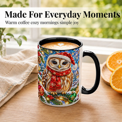 #pl[15oz|Black] Jeweled Christmas Owl Coffee Mug, Winter Bird Mug, Ceramic Cup