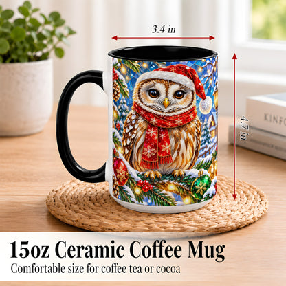 #pl[15oz|Black] Jeweled Christmas Owl Coffee Mug, Winter Bird Mug, Ceramic Cup