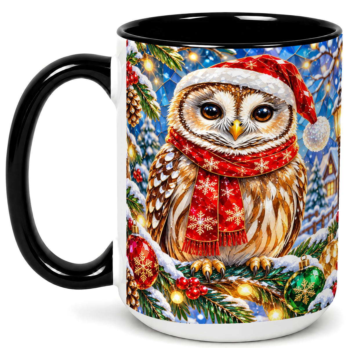 #pl[15oz|Black] Jeweled Christmas Owl Coffee Mug, Winter Bird Mug, Ceramic Cup