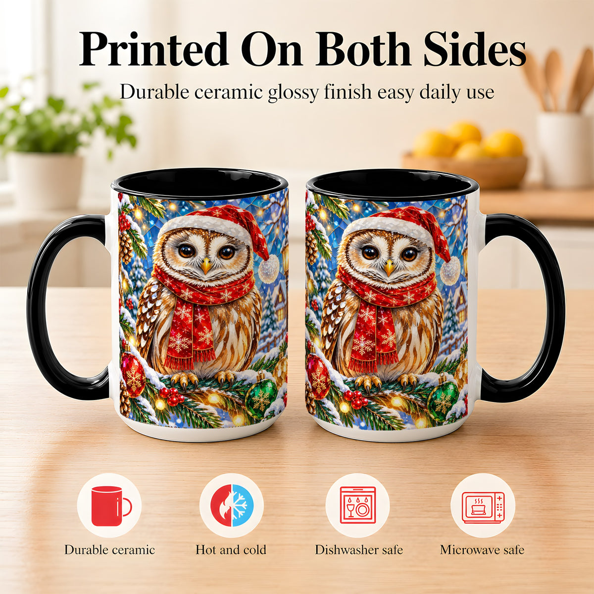 #pl[15oz|Black] Jeweled Christmas Owl Coffee Mug, Winter Bird Mug, Ceramic Cup