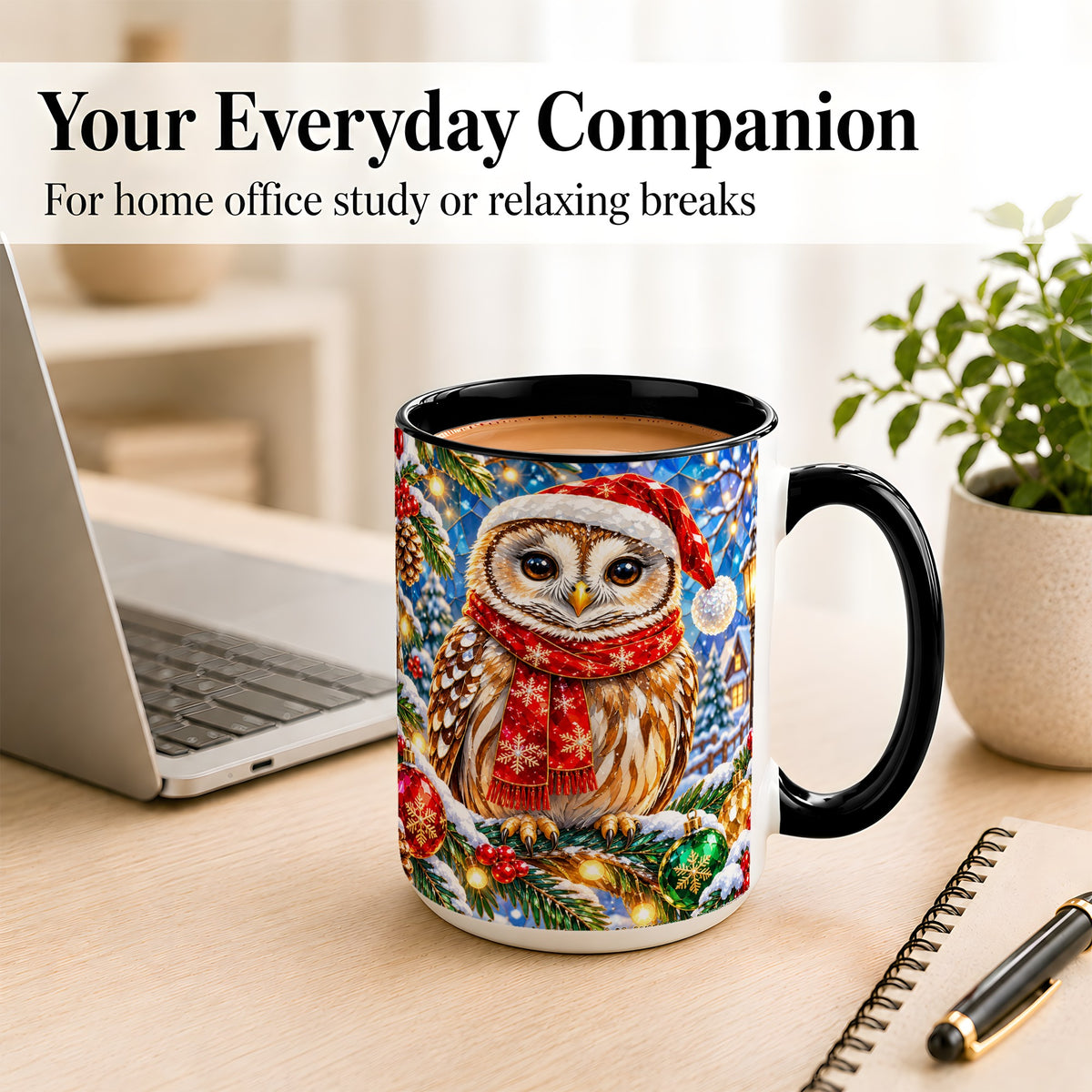 #pl[15oz|Black] Jeweled Christmas Owl Coffee Mug, Winter Bird Mug, Ceramic Cup