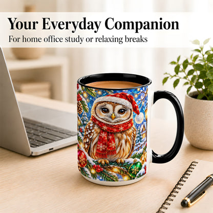 #pl[15oz|Black] Jeweled Christmas Owl Coffee Mug, Winter Bird Mug, Ceramic Cup