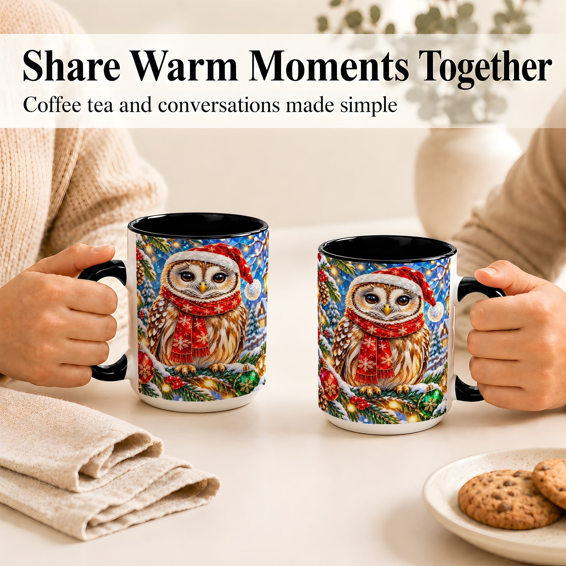 #pl[15oz|Black] Jeweled Christmas Owl Coffee Mug, Winter Bird Mug, Ceramic Cup