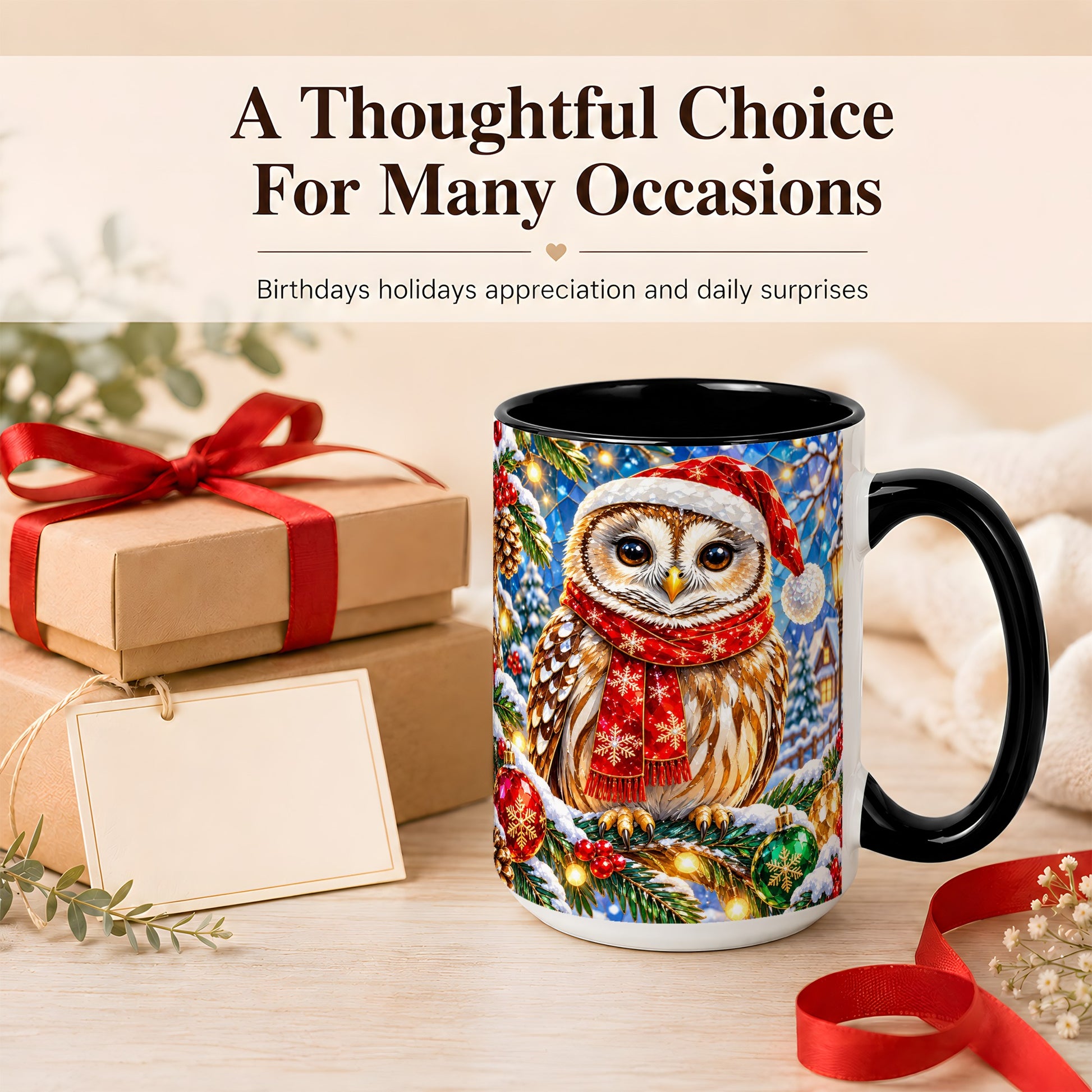 #pl[15oz|Black] Jeweled Christmas Owl Coffee Mug, Winter Bird Mug, Ceramic Cup