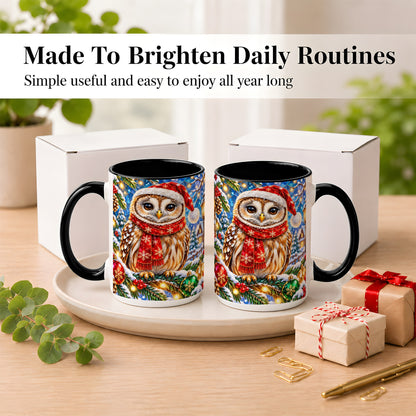 #pl[15oz|Black] Jeweled Christmas Owl Coffee Mug, Winter Bird Mug, Ceramic Cup