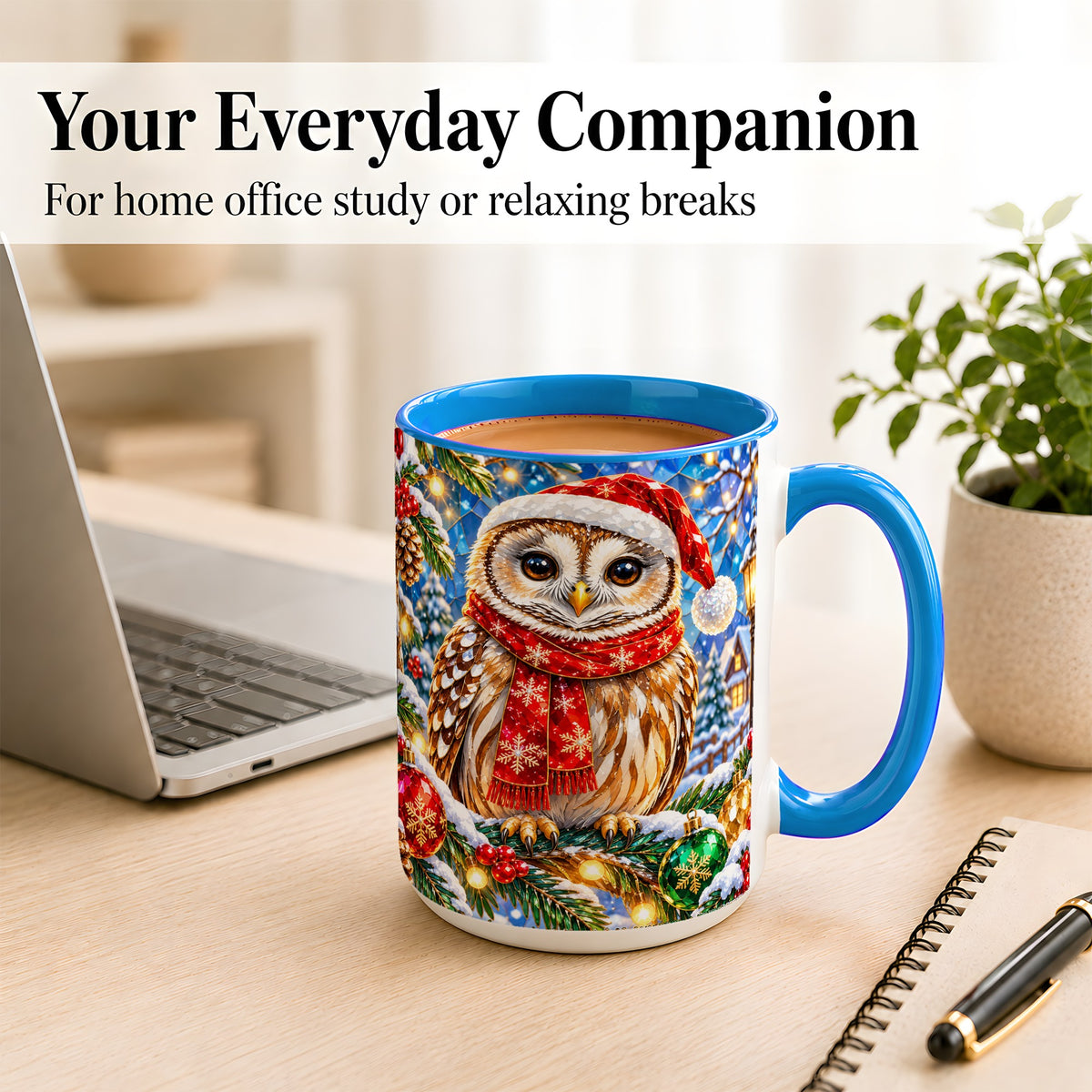 #pl[15oz|Blue] Jeweled Christmas Owl Coffee Mug, Winter Bird Mug, Ceramic Cup