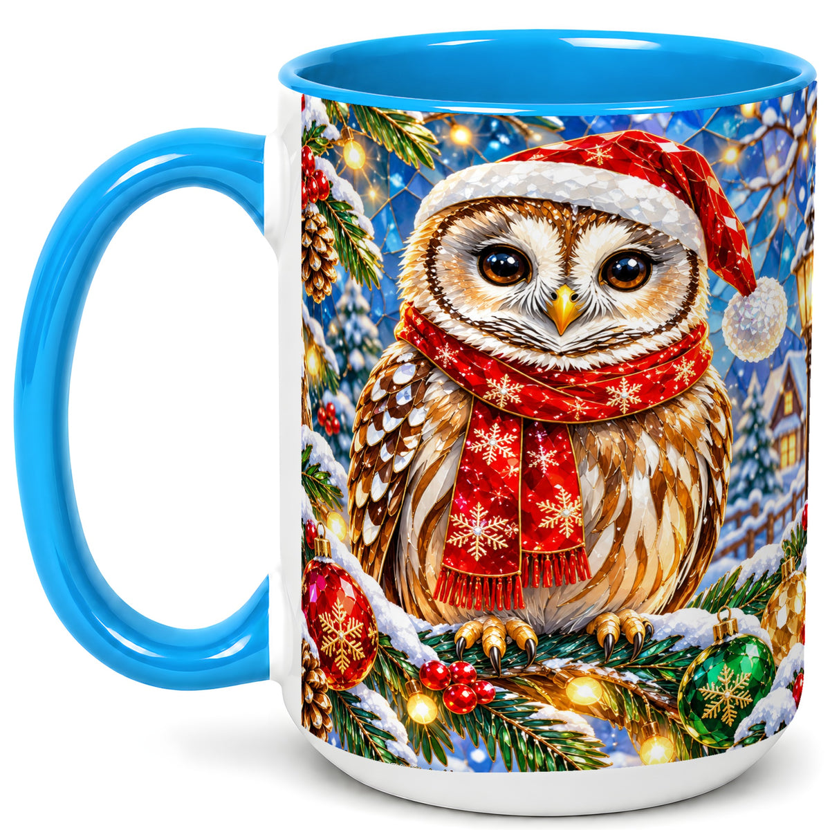 #pl[15oz|Blue] Jeweled Christmas Owl Coffee Mug, Winter Bird Mug, Ceramic Cup