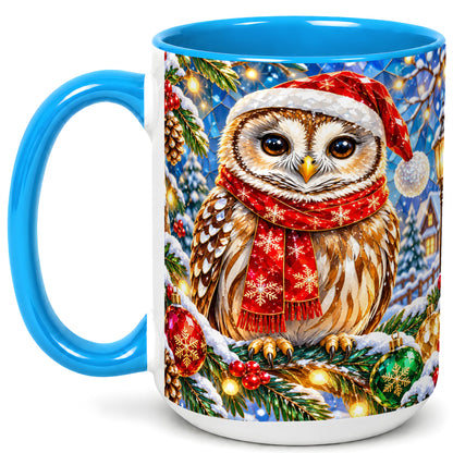 #pl[15oz|Blue] Jeweled Christmas Owl Coffee Mug, Winter Bird Mug, Ceramic Cup