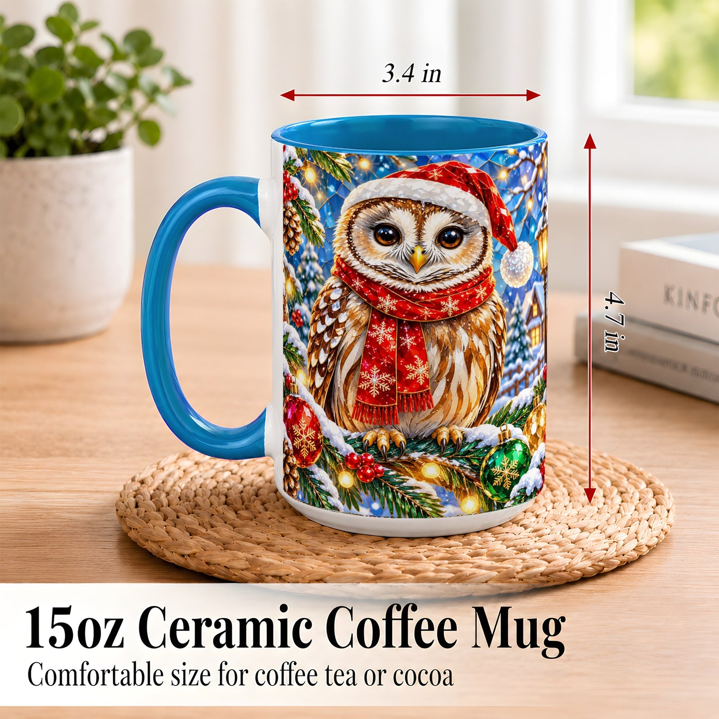 #pl[15oz|Blue] Jeweled Christmas Owl Coffee Mug, Winter Bird Mug, Ceramic Cup
