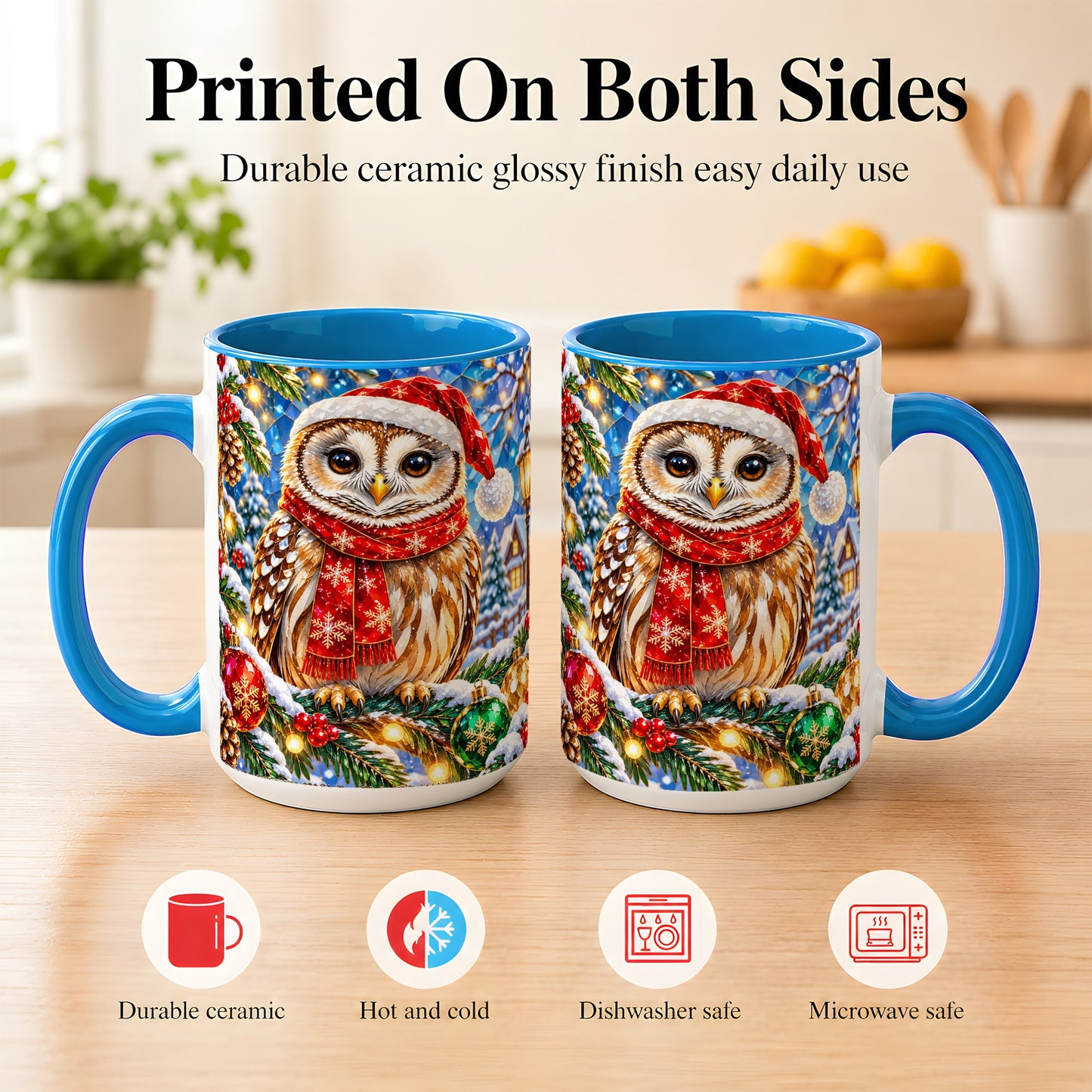 #pl[15oz|Blue] Jeweled Christmas Owl Coffee Mug, Winter Bird Mug, Ceramic Cup