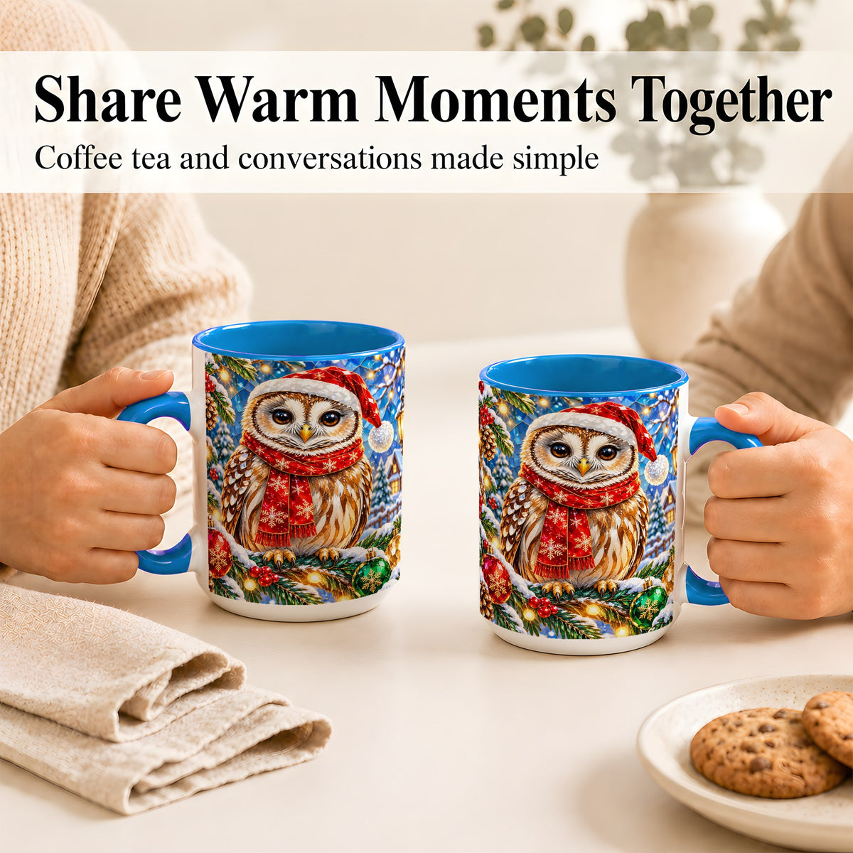 #pl[15oz|Blue] Jeweled Christmas Owl Coffee Mug, Winter Bird Mug, Ceramic Cup