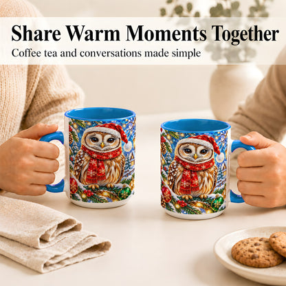 #pl[15oz|Blue] Jeweled Christmas Owl Coffee Mug, Winter Bird Mug, Ceramic Cup