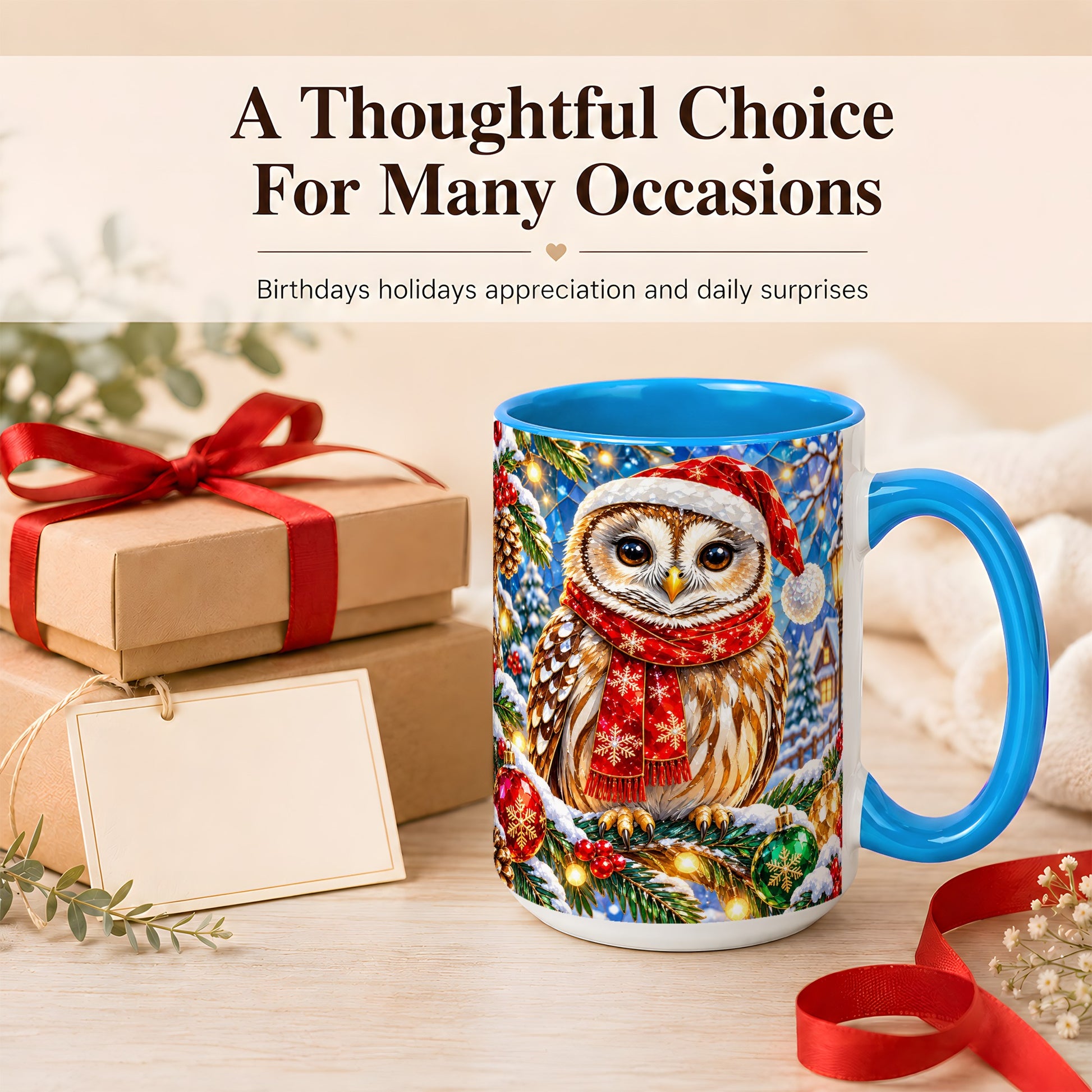 #pl[15oz|Blue] Jeweled Christmas Owl Coffee Mug, Winter Bird Mug, Ceramic Cup