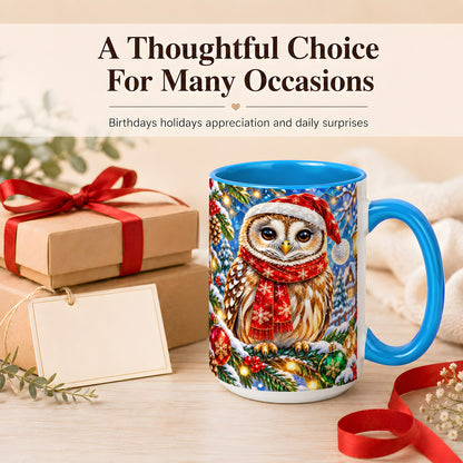 #pl[15oz|Blue] Jeweled Christmas Owl Coffee Mug, Winter Bird Mug, Ceramic Cup