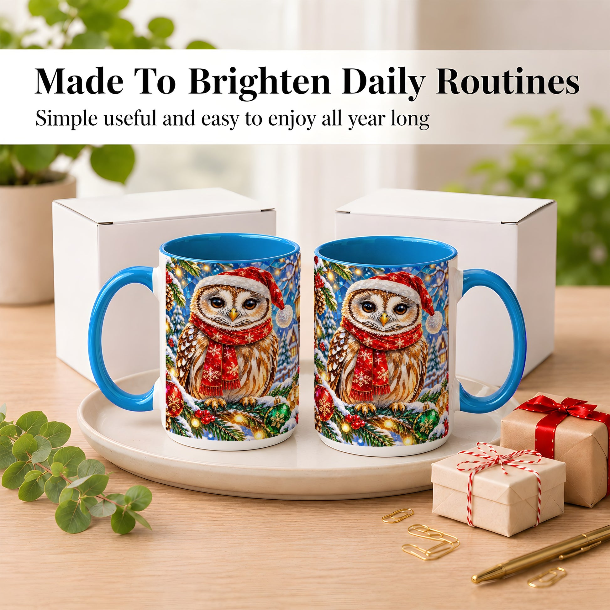 #pl[15oz|Blue] Jeweled Christmas Owl Coffee Mug, Winter Bird Mug, Ceramic Cup