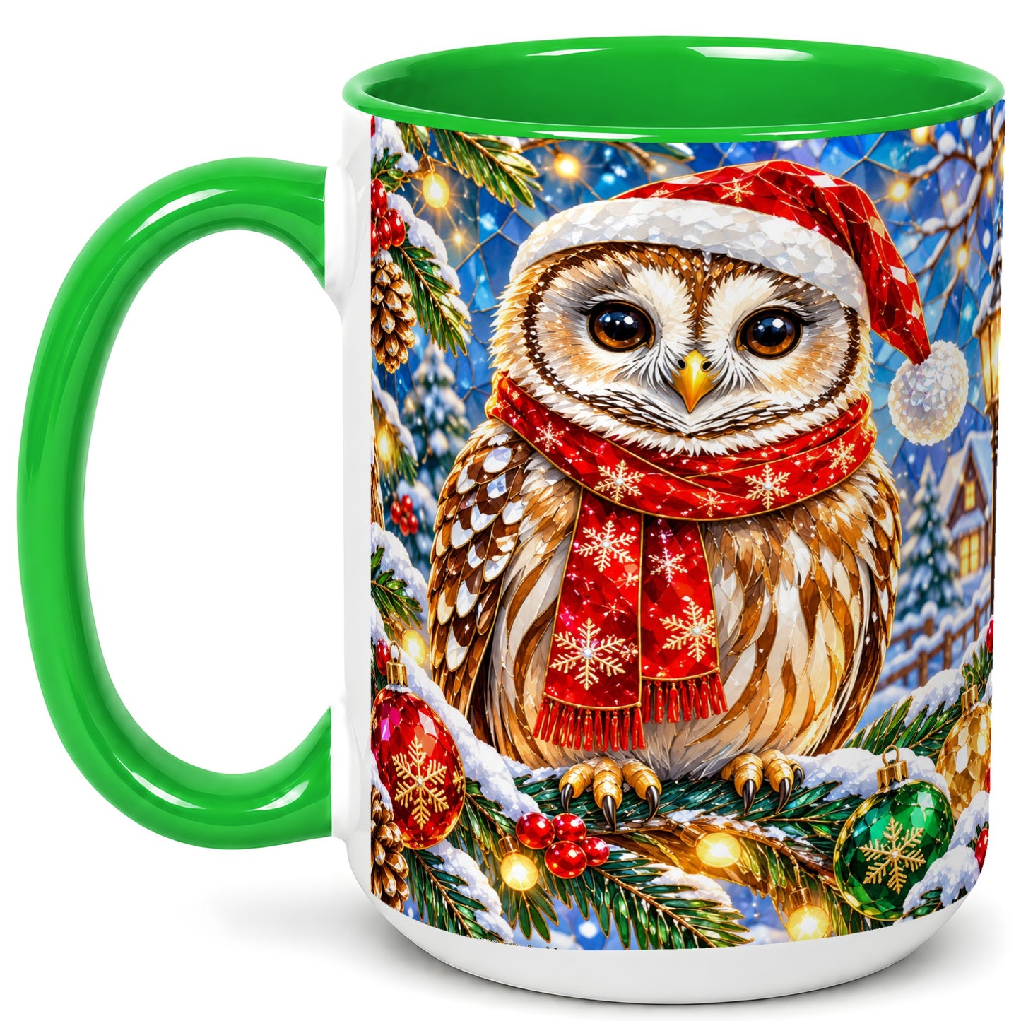 #pl[15oz|Green] Jeweled Christmas Owl Coffee Mug, Winter Bird Mug, Ceramic Cup