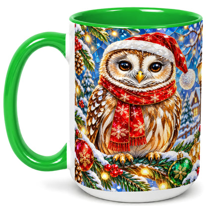 #pl[15oz|Green] Jeweled Christmas Owl Coffee Mug, Winter Bird Mug, Ceramic Cup