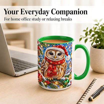 #pl[15oz|Green] Jeweled Christmas Owl Coffee Mug, Winter Bird Mug, Ceramic Cup
