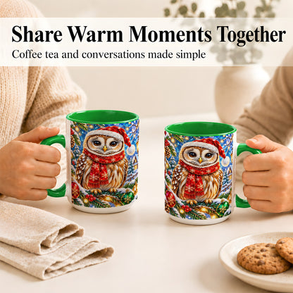 #pl[15oz|Green] Jeweled Christmas Owl Coffee Mug, Winter Bird Mug, Ceramic Cup