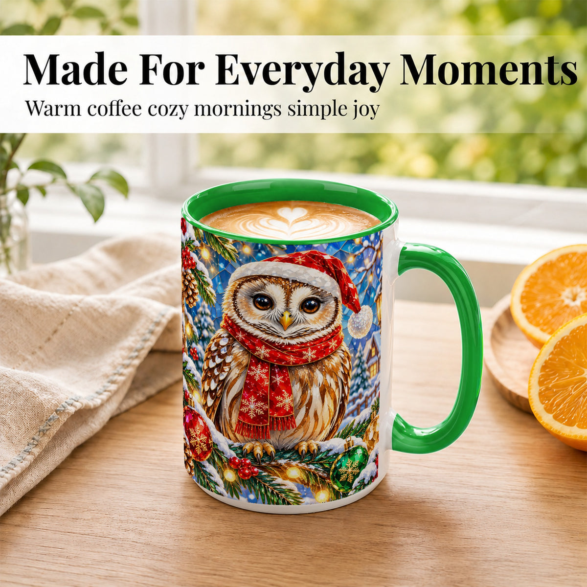 #pl[15oz|Green] Jeweled Christmas Owl Coffee Mug, Winter Bird Mug, Ceramic Cup