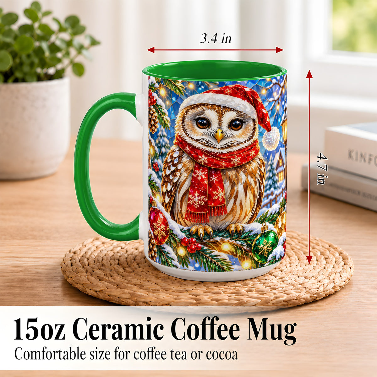 #pl[15oz|Green] Jeweled Christmas Owl Coffee Mug, Winter Bird Mug, Ceramic Cup