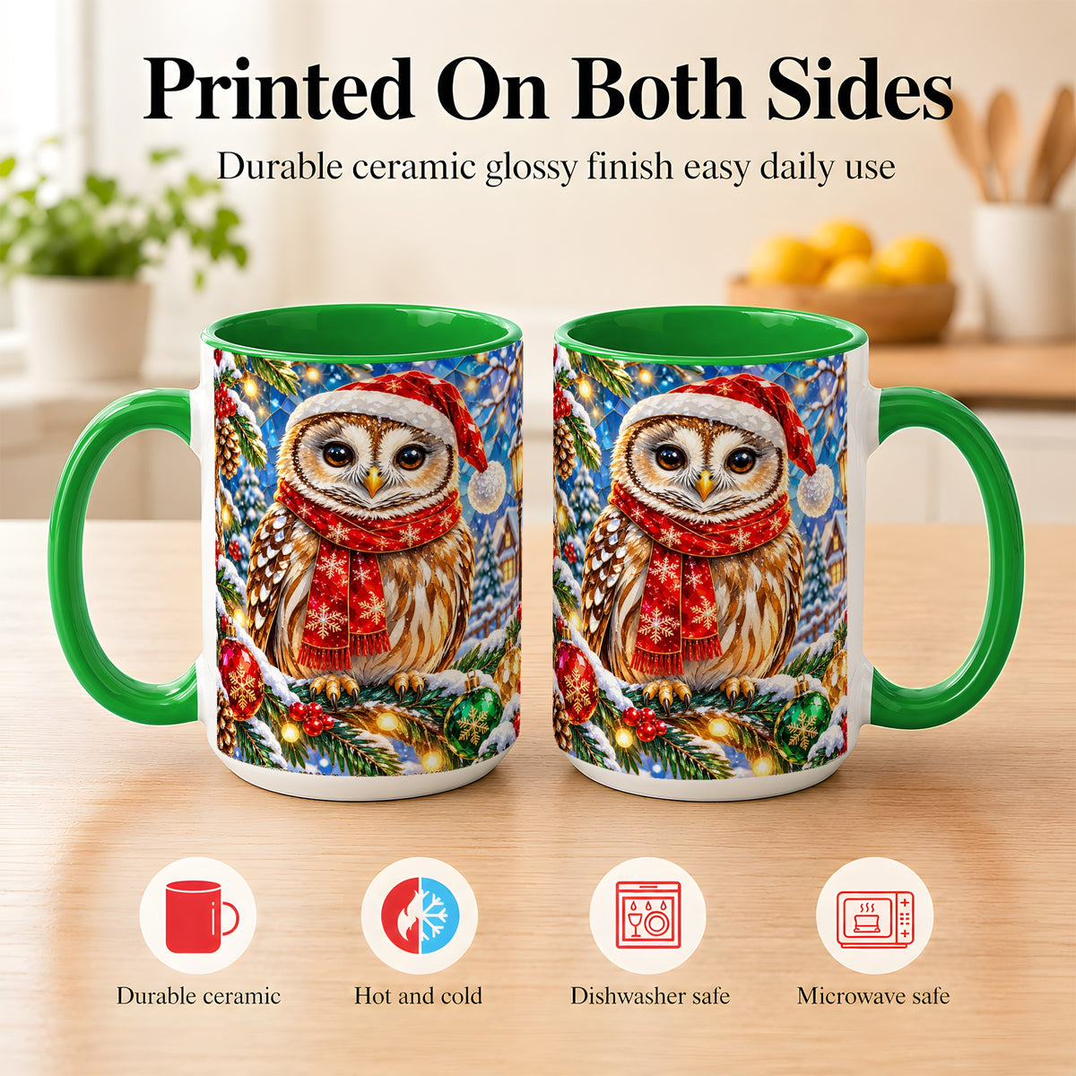 #pl[15oz|Green] Jeweled Christmas Owl Coffee Mug, Winter Bird Mug, Ceramic Cup