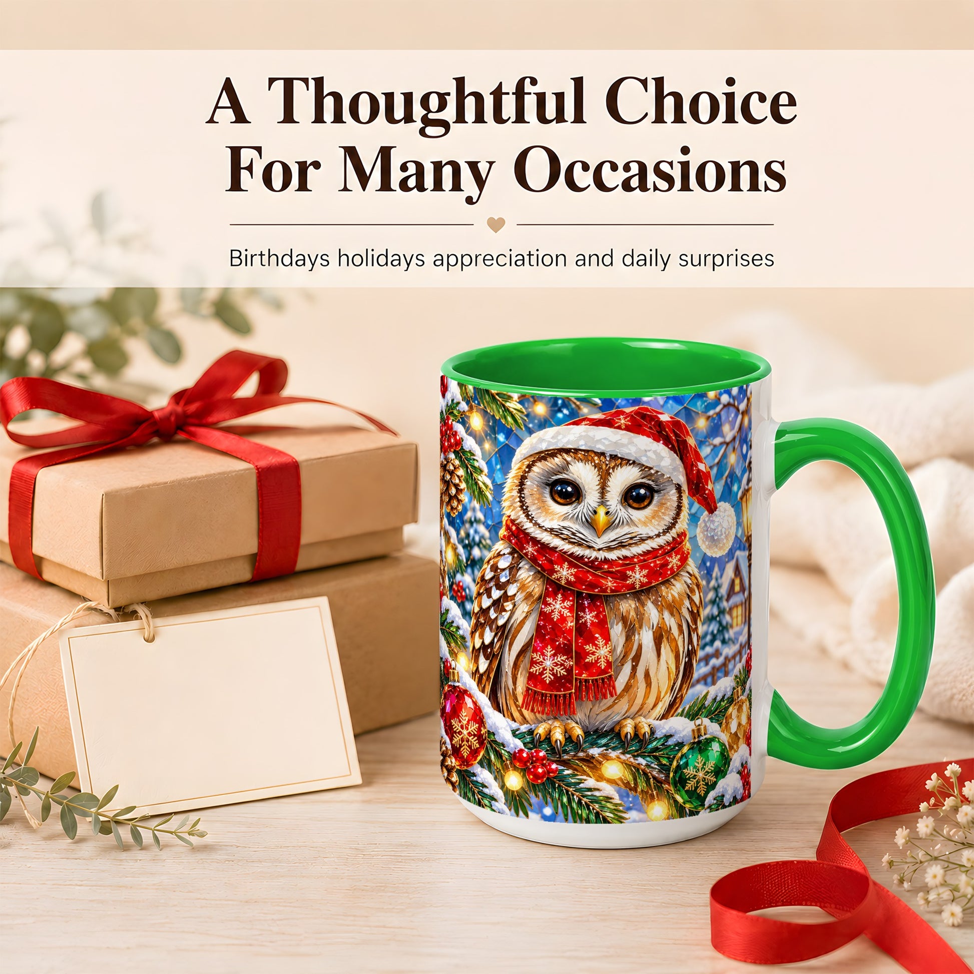 #pl[15oz|Green] Jeweled Christmas Owl Coffee Mug, Winter Bird Mug, Ceramic Cup