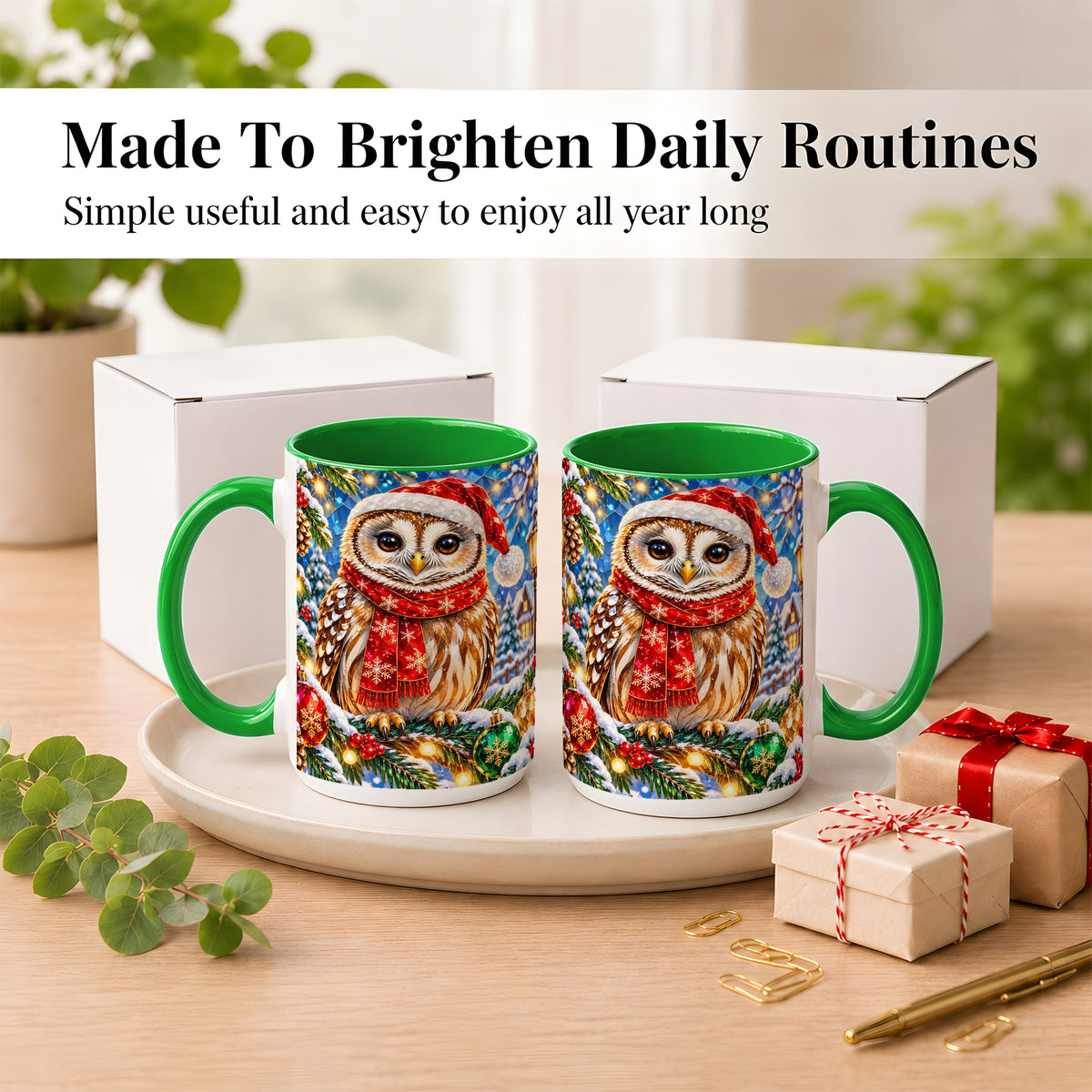 #pl[15oz|Green] Jeweled Christmas Owl Coffee Mug, Winter Bird Mug, Ceramic Cup