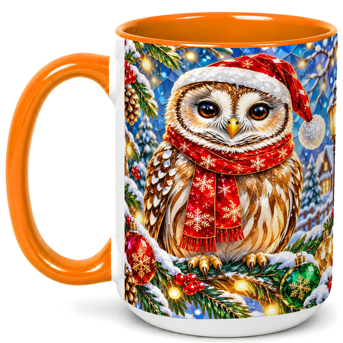 #pl[15oz|Orange] Jeweled Christmas Owl Coffee Mug, Winter Bird Mug, Ceramic Cup