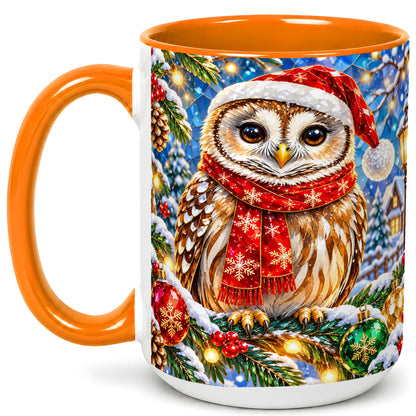 #pl[15oz|Orange] Jeweled Christmas Owl Coffee Mug, Winter Bird Mug, Ceramic Cup