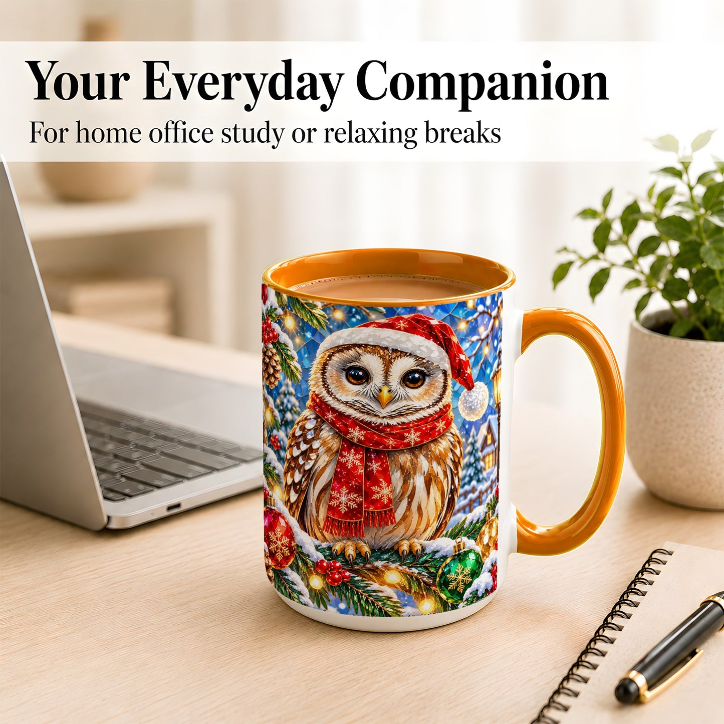 #pl[15oz|Orange] Jeweled Christmas Owl Coffee Mug, Winter Bird Mug, Ceramic Cup