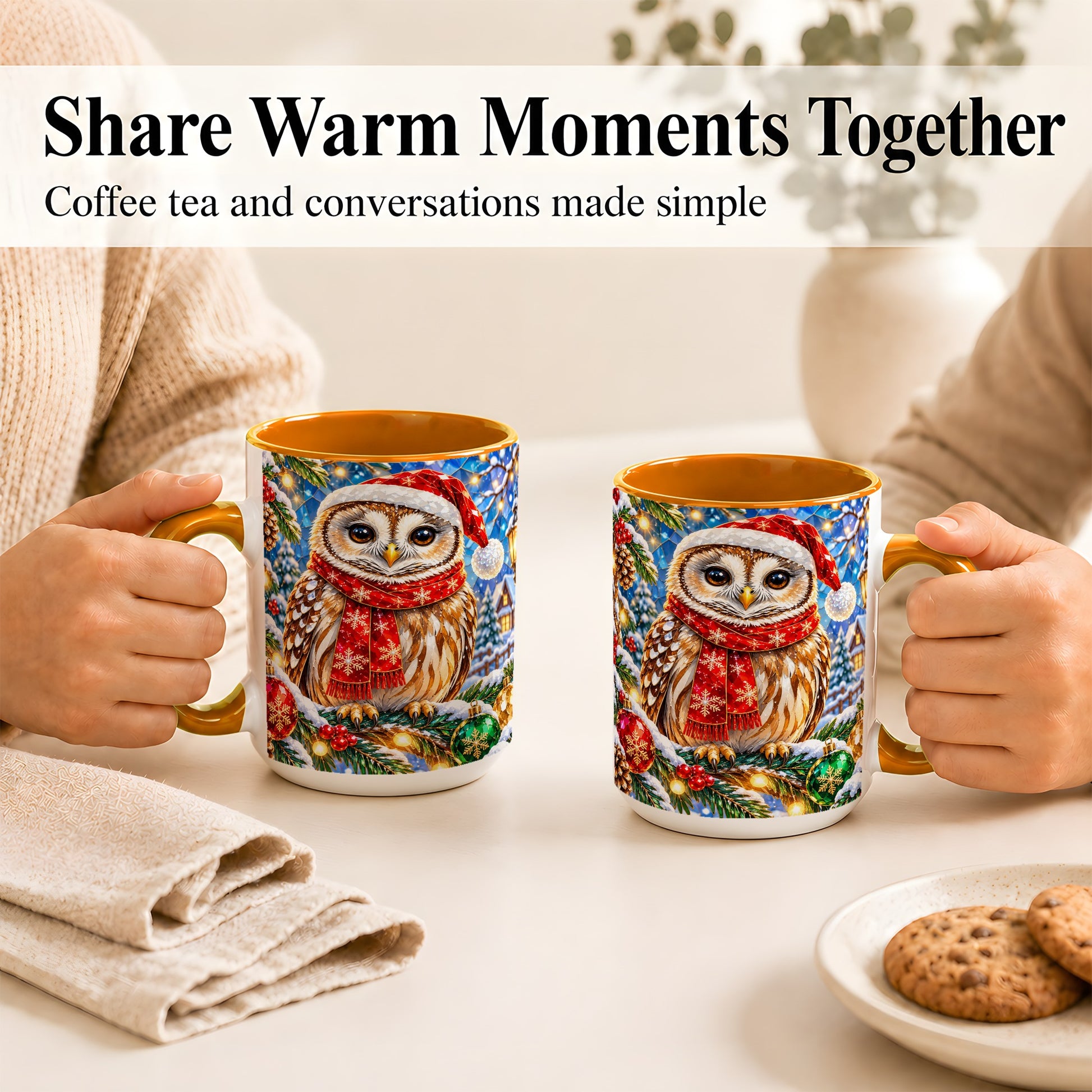 #pl[15oz|Orange] Jeweled Christmas Owl Coffee Mug, Winter Bird Mug, Ceramic Cup