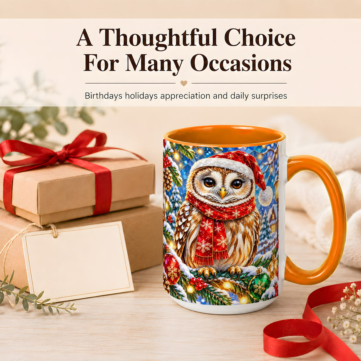 #pl[15oz|Orange] Jeweled Christmas Owl Coffee Mug, Winter Bird Mug, Ceramic Cup