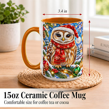 #pl[15oz|Orange] Jeweled Christmas Owl Coffee Mug, Winter Bird Mug, Ceramic Cup