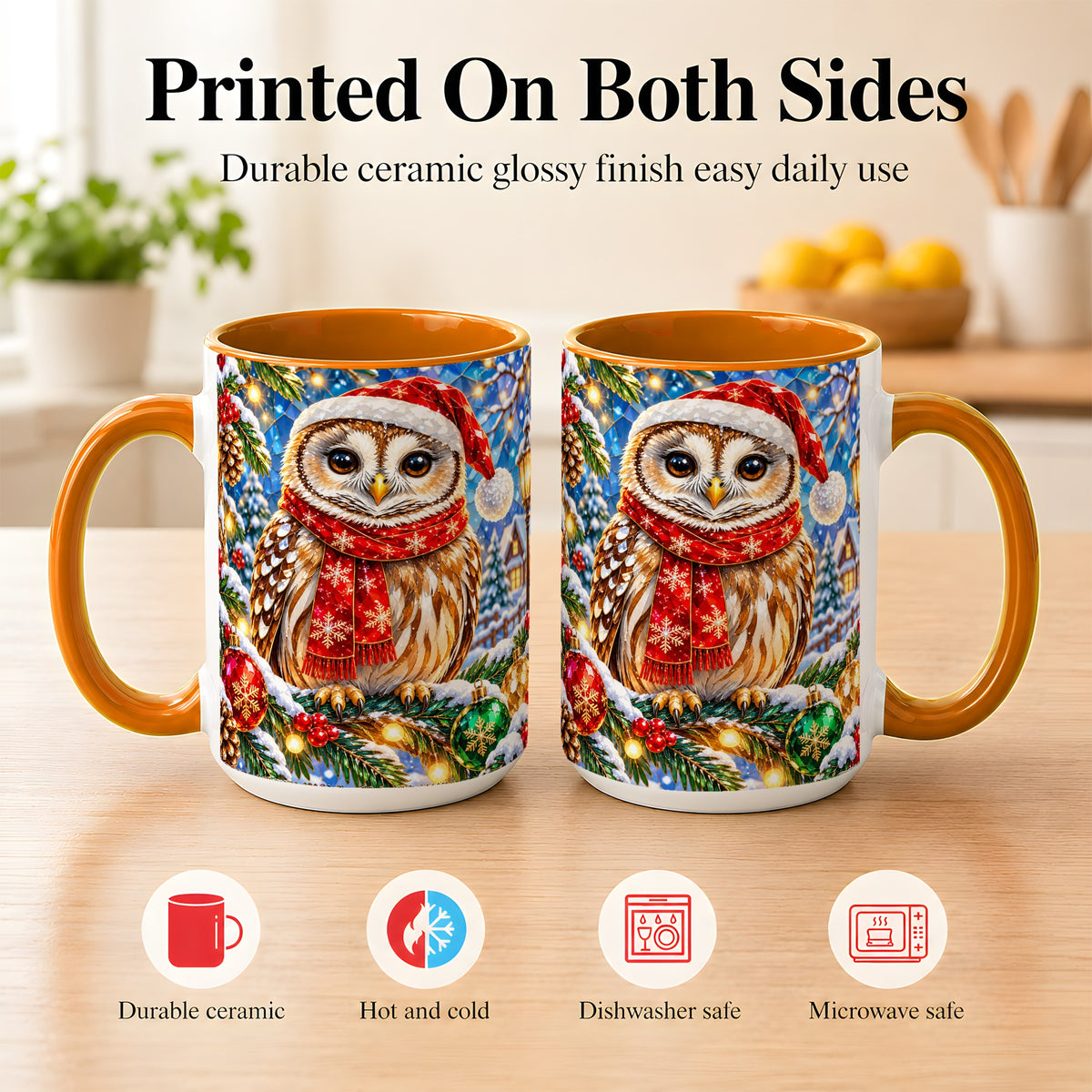 #pl[15oz|Orange] Jeweled Christmas Owl Coffee Mug, Winter Bird Mug, Ceramic Cup